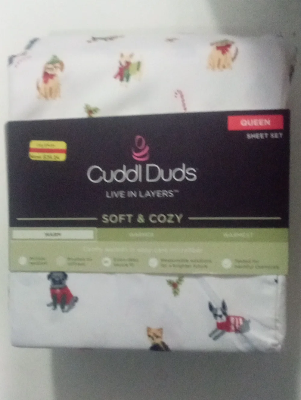 Cuddl Duds White Sheet Set with Festive Dog Print Queen NWT Holiday